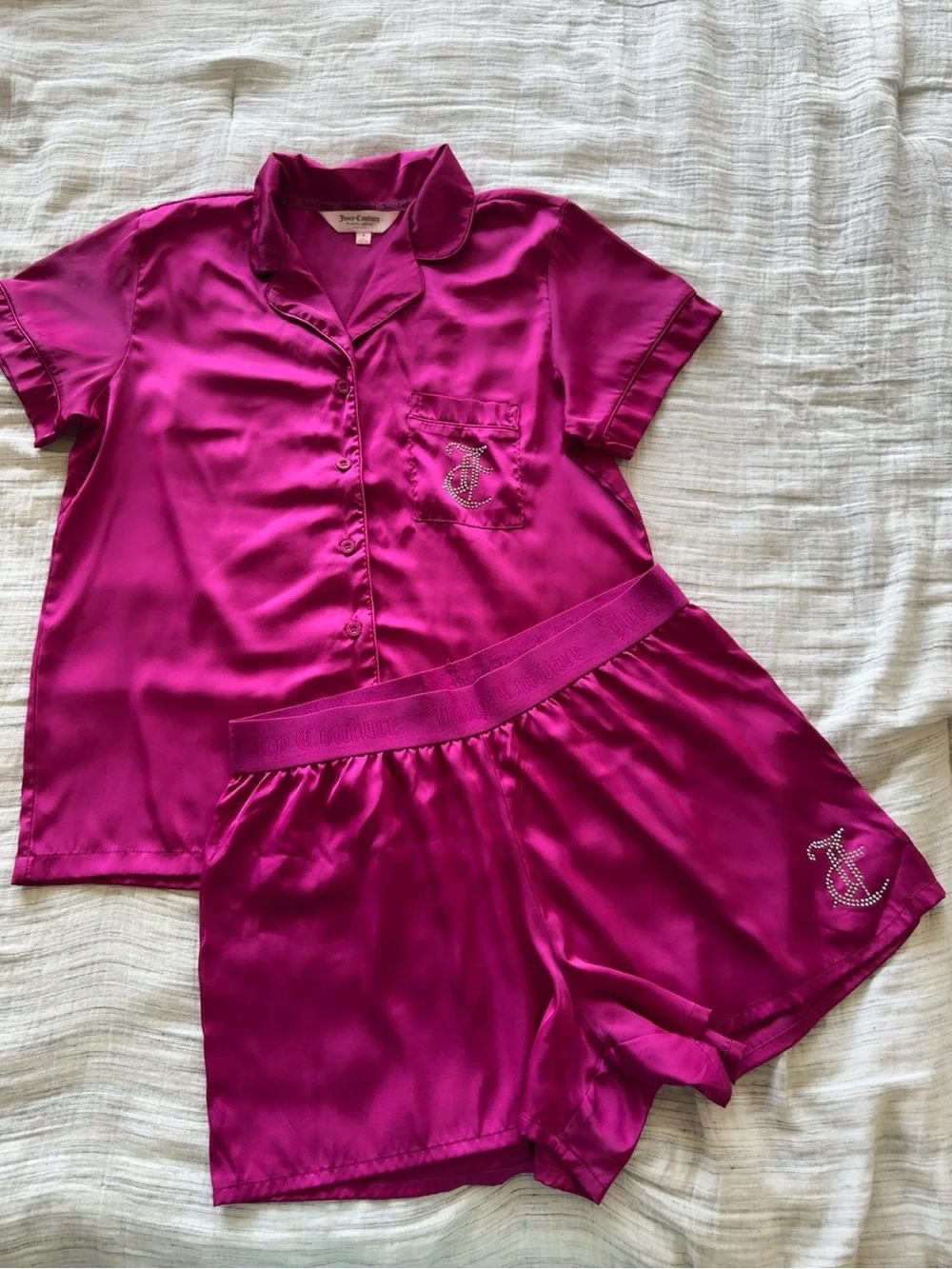 Juicy Couture Satin Pajama Set | Women’s Small | Pink Rhinestone PJ Shorts Set